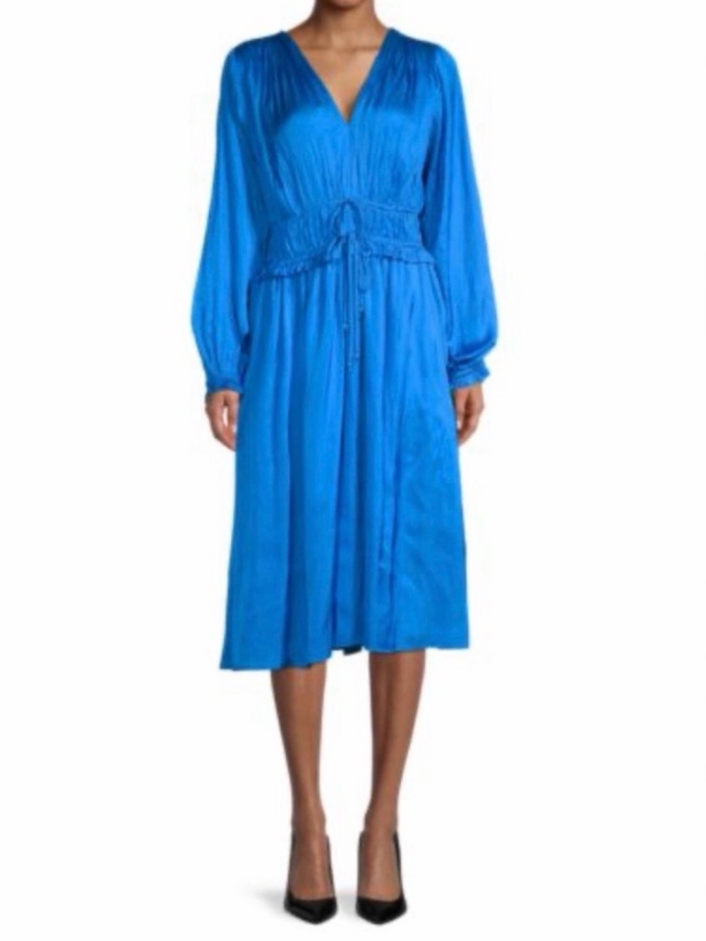 Elie Tahari tie waist pleated dress - Cobalt V-Neck Long Sleeve Midi Dress